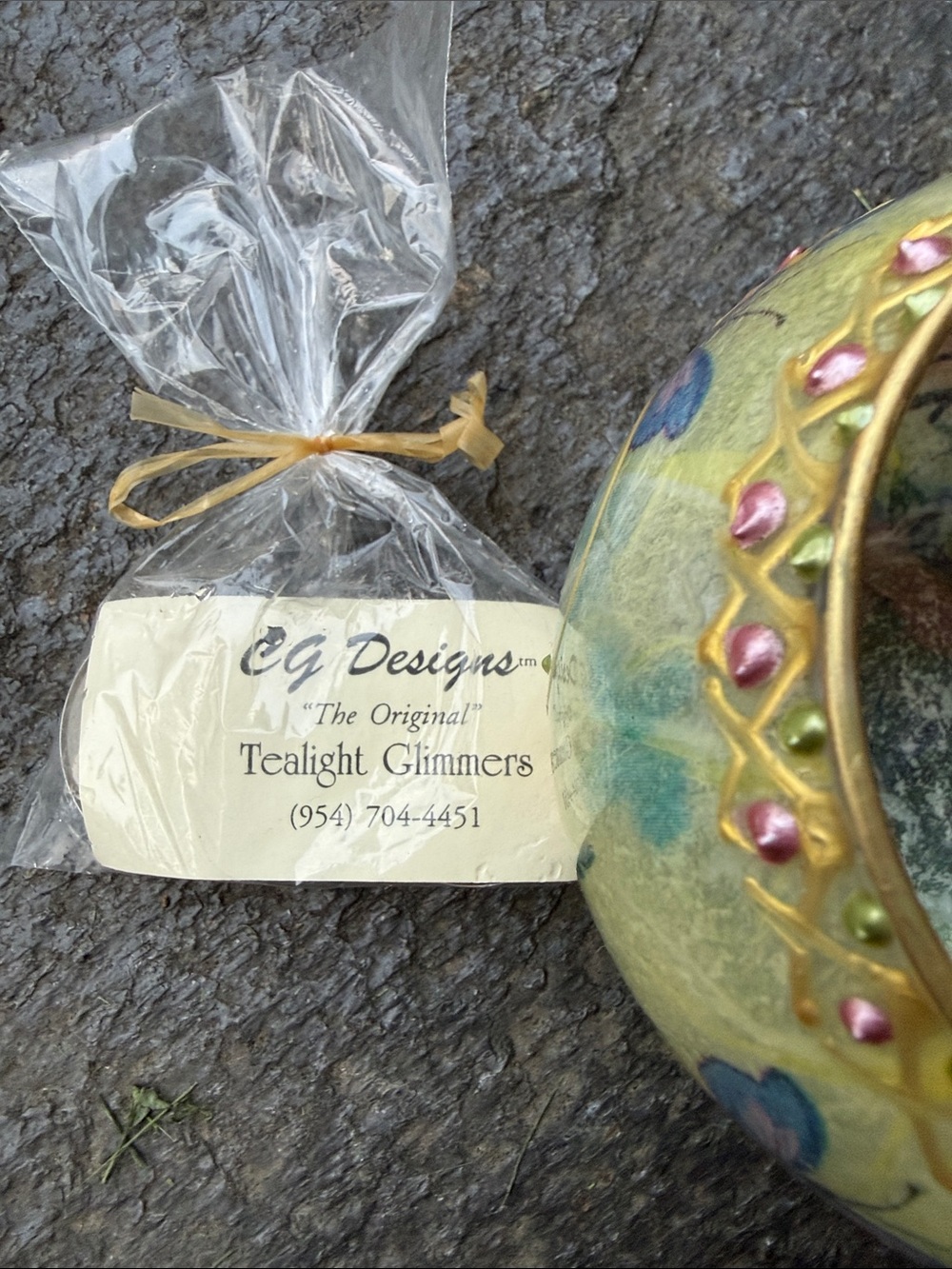 Hand-Painted Butterfly Glass Tea Light Holder in Blue, Pink and Gold - Picture 15 of 16